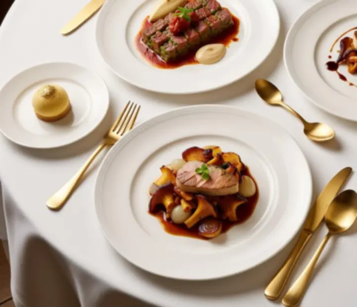 Elegánsan tálalt fine dining fogások, modern budapesti étterem asztalán.