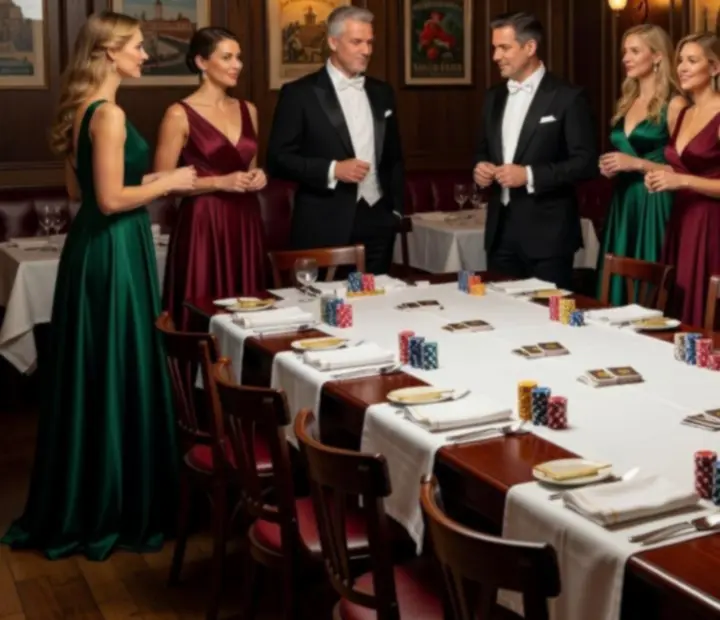 Elegáns, megterített pókerasztal egy budapesti étterem privát termében