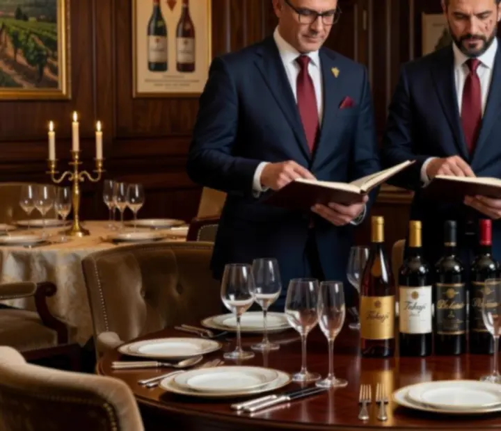Sommelier és felszolgáló csapat elegáns pohárszerviz közben